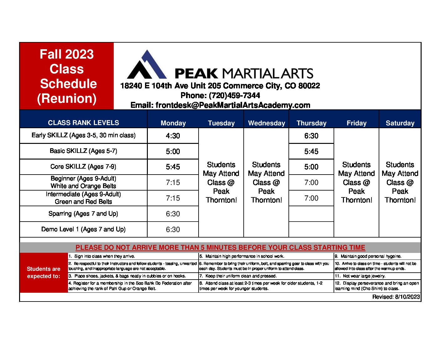 Class Schedule Peak Martial Arts Academy