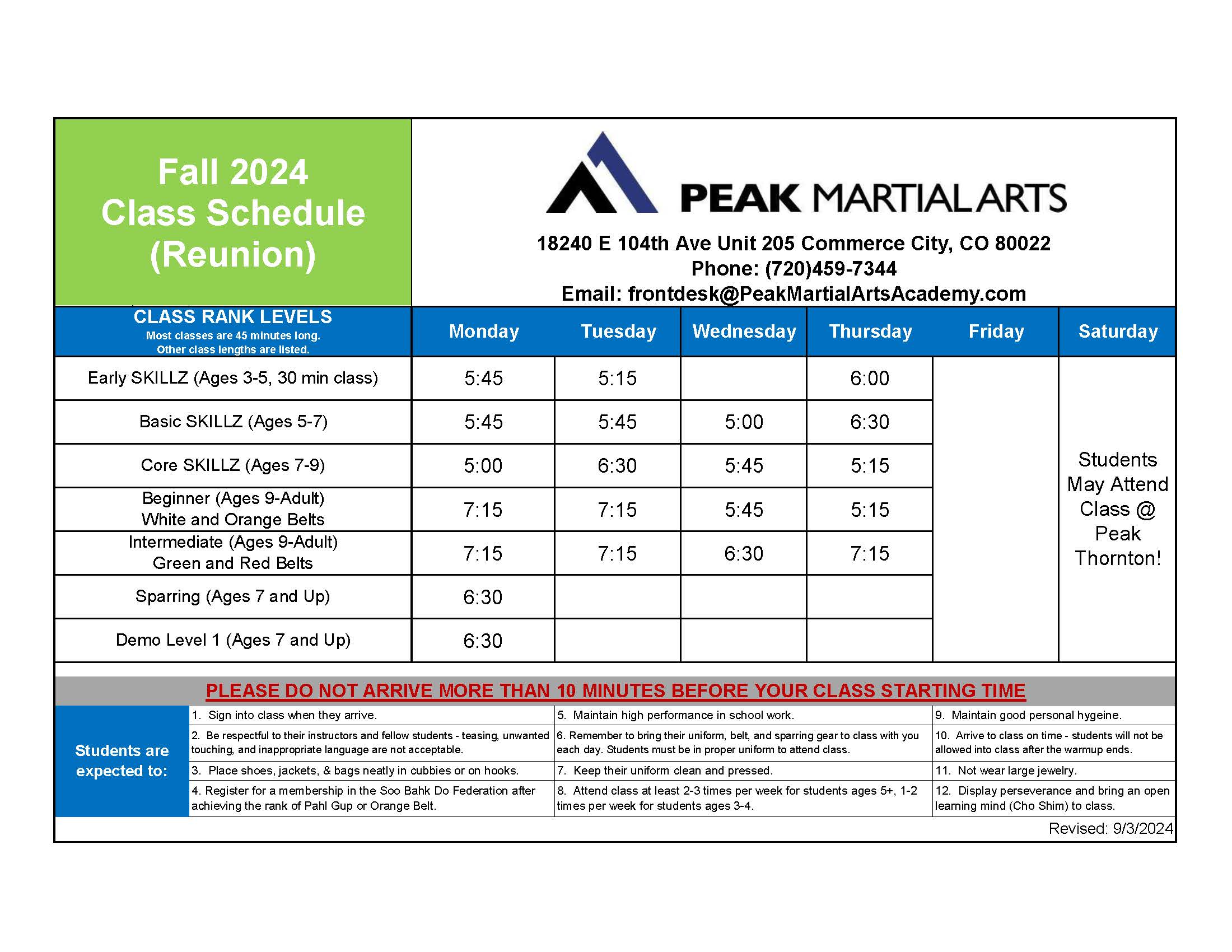 Class Schedule Peak Martial Arts Academy
